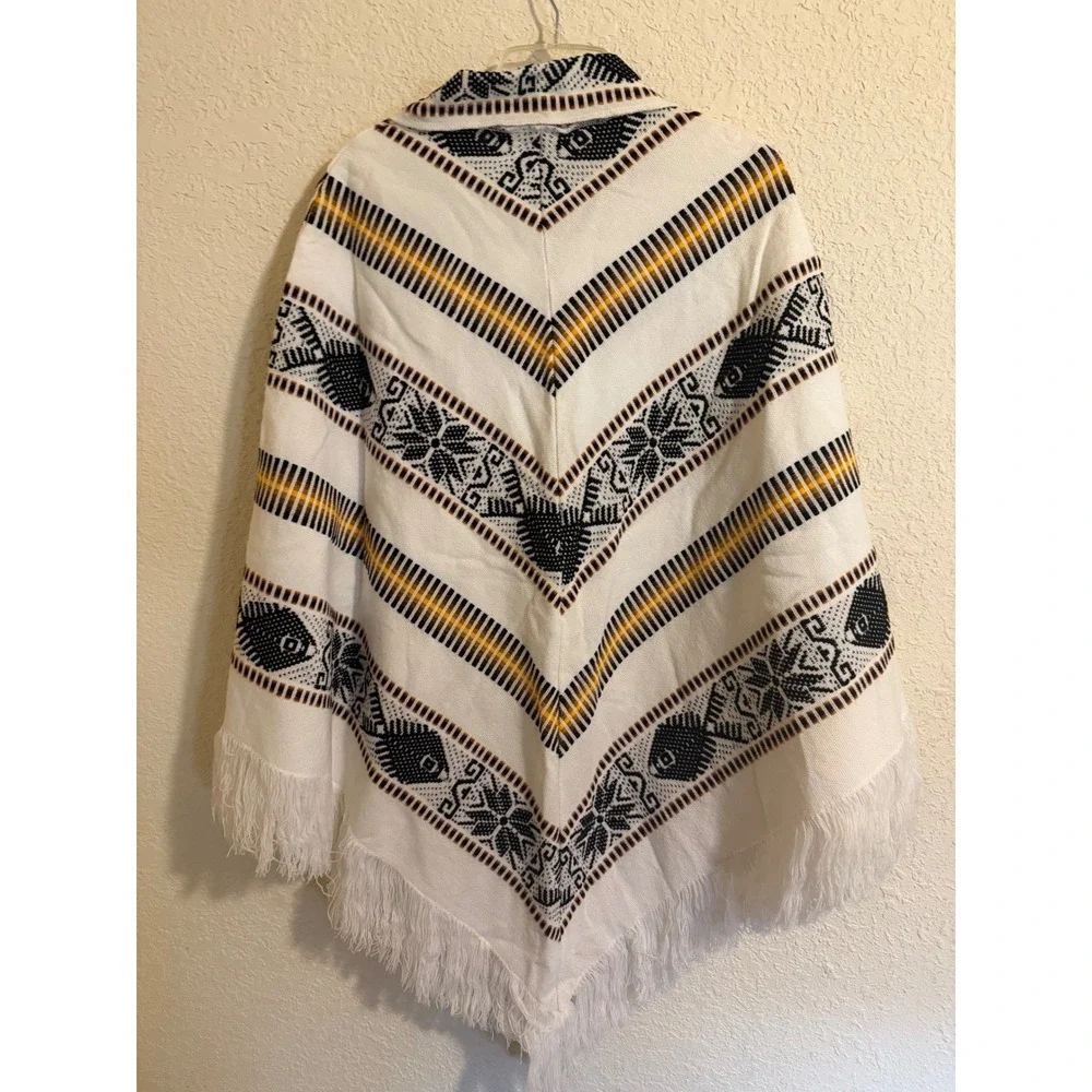 Vintage‎ Style Geometric Fish Print Fringe Poncho Wrap White Black Ochre OS
